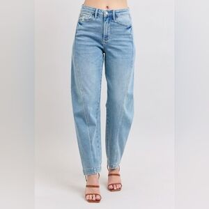 Judy Blue Barrel Fit High Waisted Side Panel Light Wash Denim Jeans